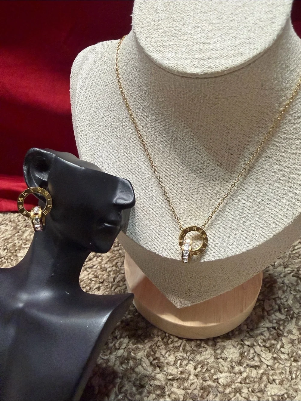 Gold Tone Circle Pendant Necklace and Earrings Set - Gold